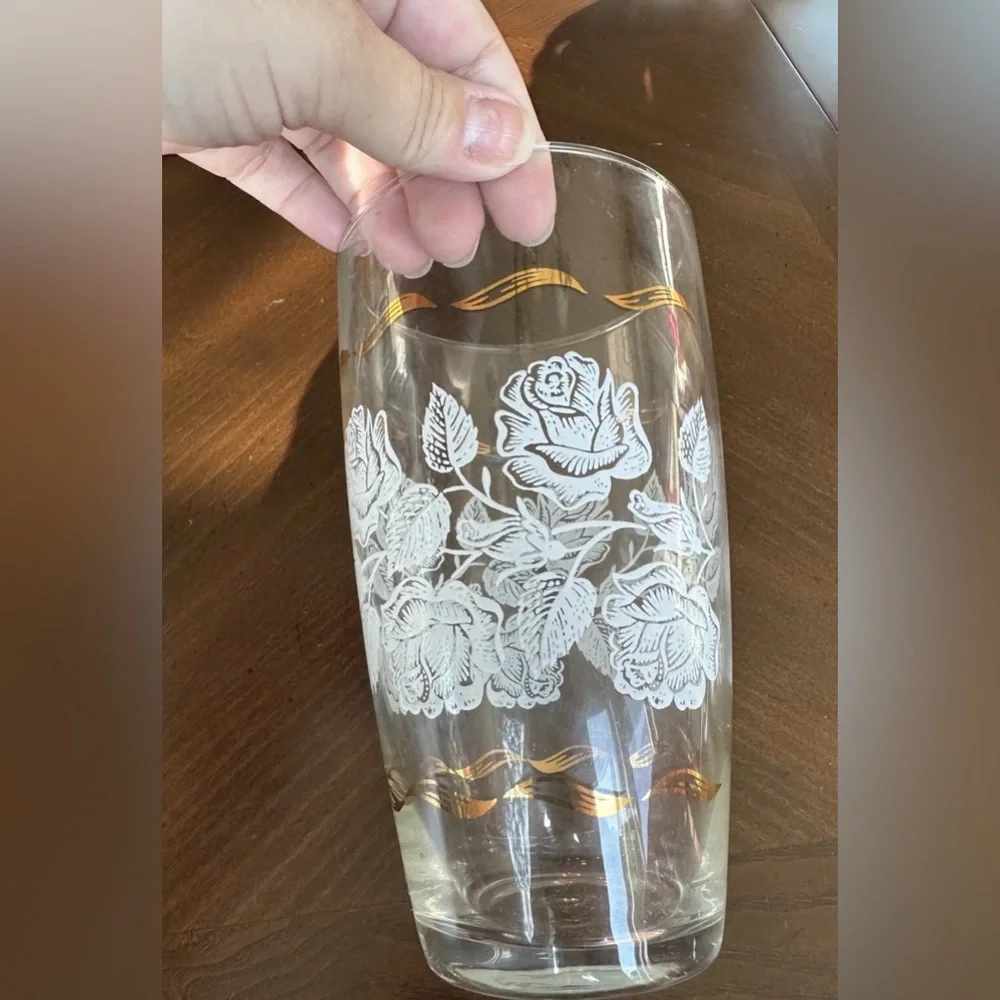 Vintage Libbey White Rose‎ Bouquet Large Glass Vase, Gold Trim